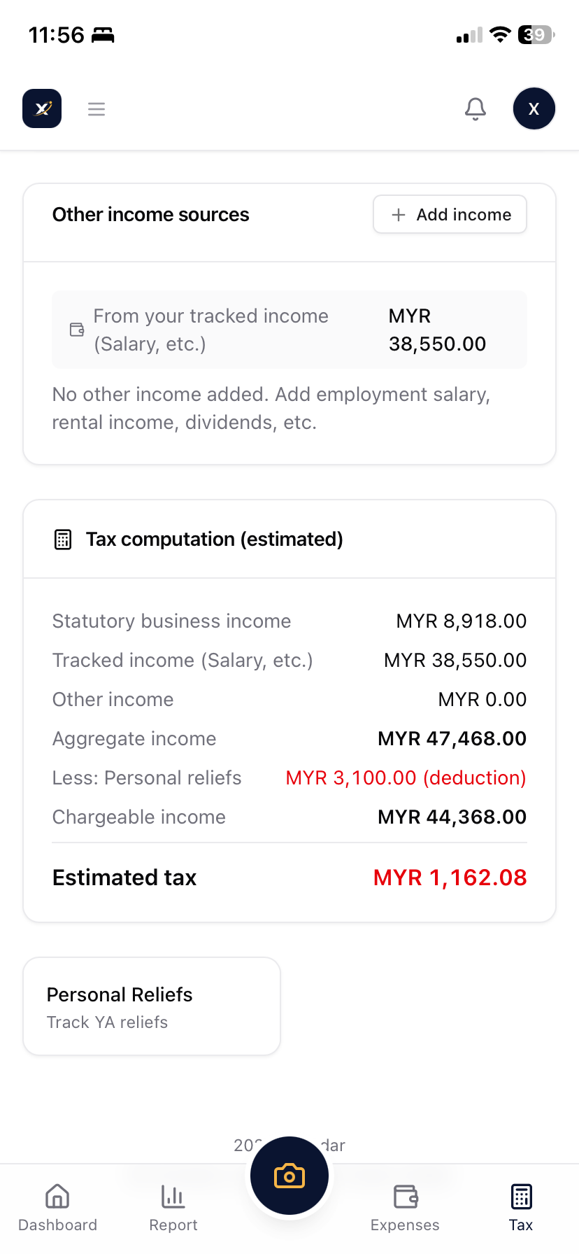 Xedar personal income tax estimate on mobile